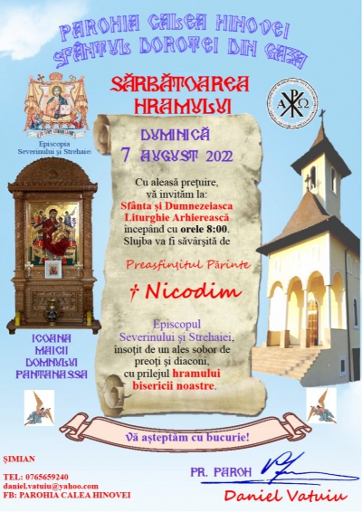 Biserica „Sfântul Dorotei din Gaza” din localitatea Şimian îşi va sărbători duminică, 7 august, hramul.